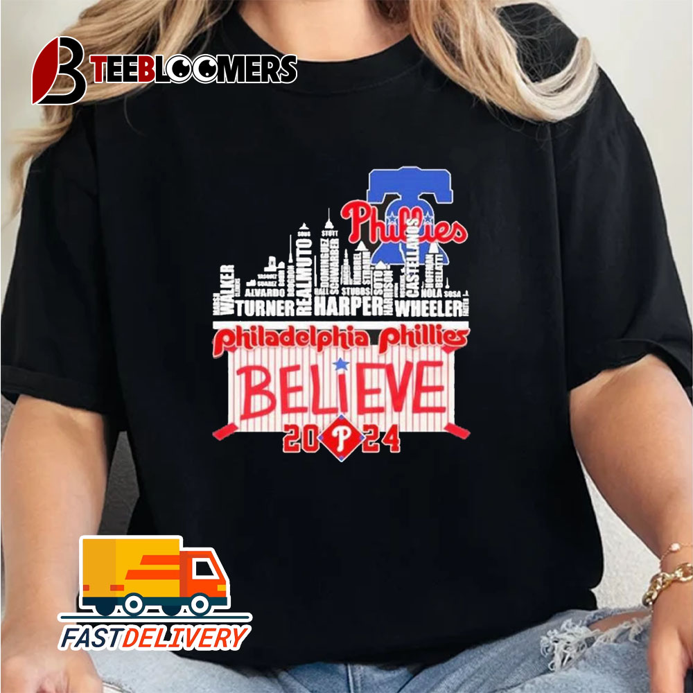 Philadelphia Phillies Skyline Players Name Believe October 2024 Unisex Vintage T Shirt