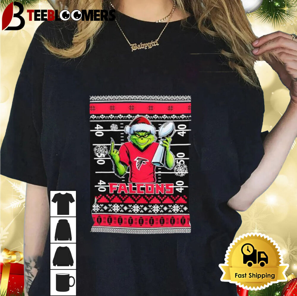 Atlanta Falcons X Grinch Christmas With Super Bowl Trophy Ugly Christmas Shirt 1