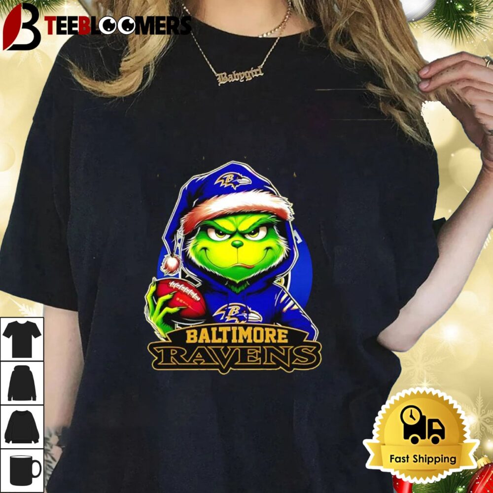 Baltimore Ravens Grinch Wearing Santa Hat Christmas 2024 Shirt 1