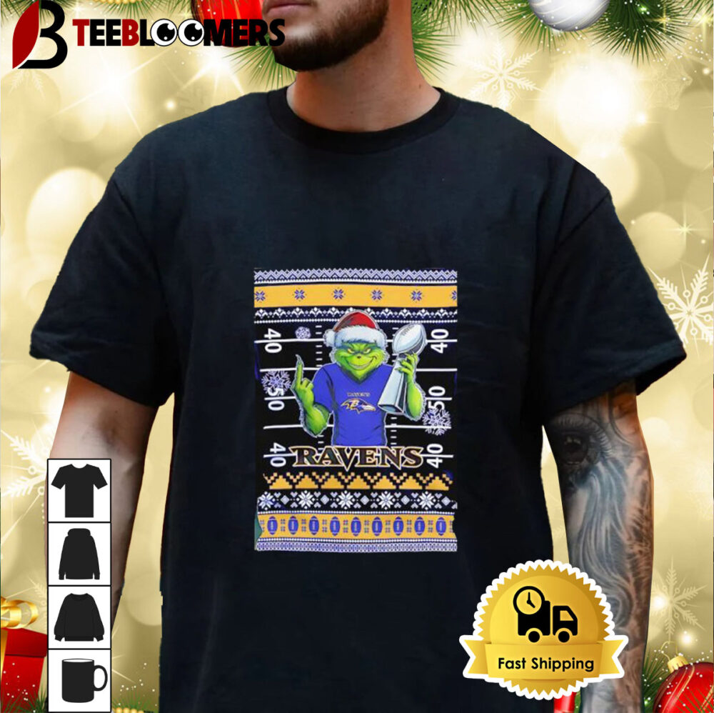 Baltimore Ravens X Grinch Christmas With Super Bowl Trophy Ugly Christmas Shirt 3