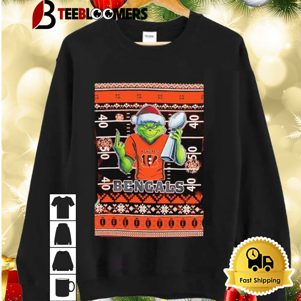 Cincinnati Bengals X Grinch Christmas With Super Bowl Trophy Ugly Christmas Shirt 2