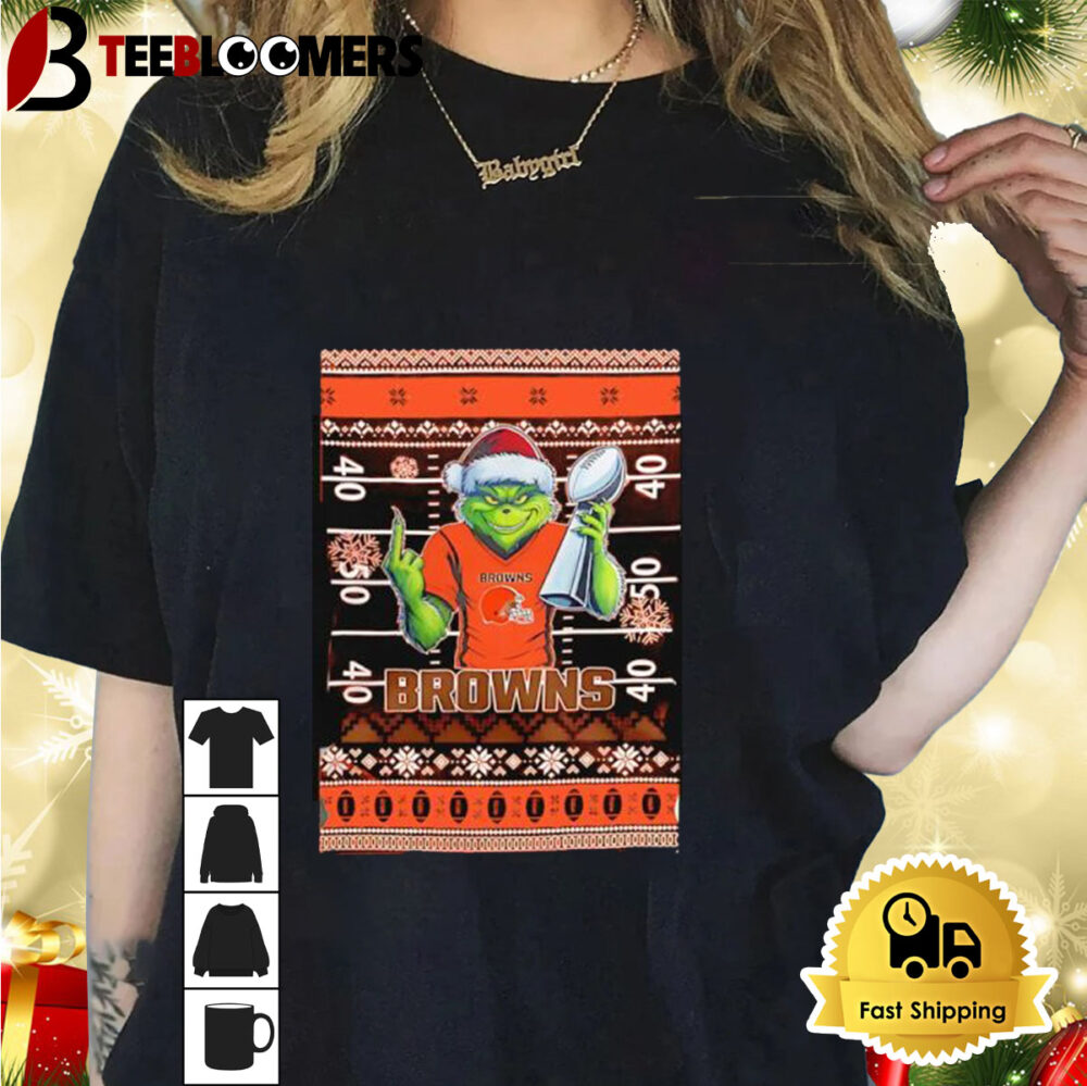 Cleveland Browns X Grinch Christmas With Super Bowl Trophy Ugly Christmas Shirt 1