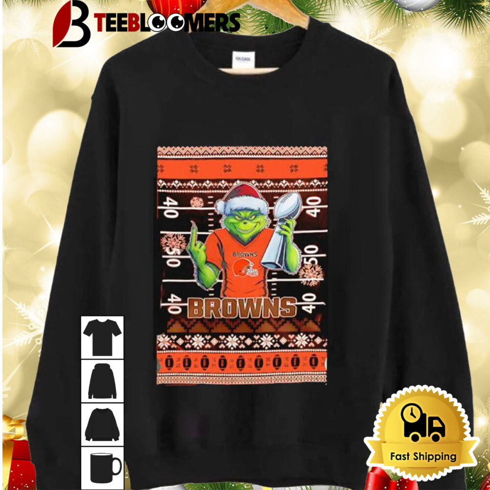 Cleveland Browns X Grinch Christmas With Super Bowl Trophy Ugly Christmas Shirt 2