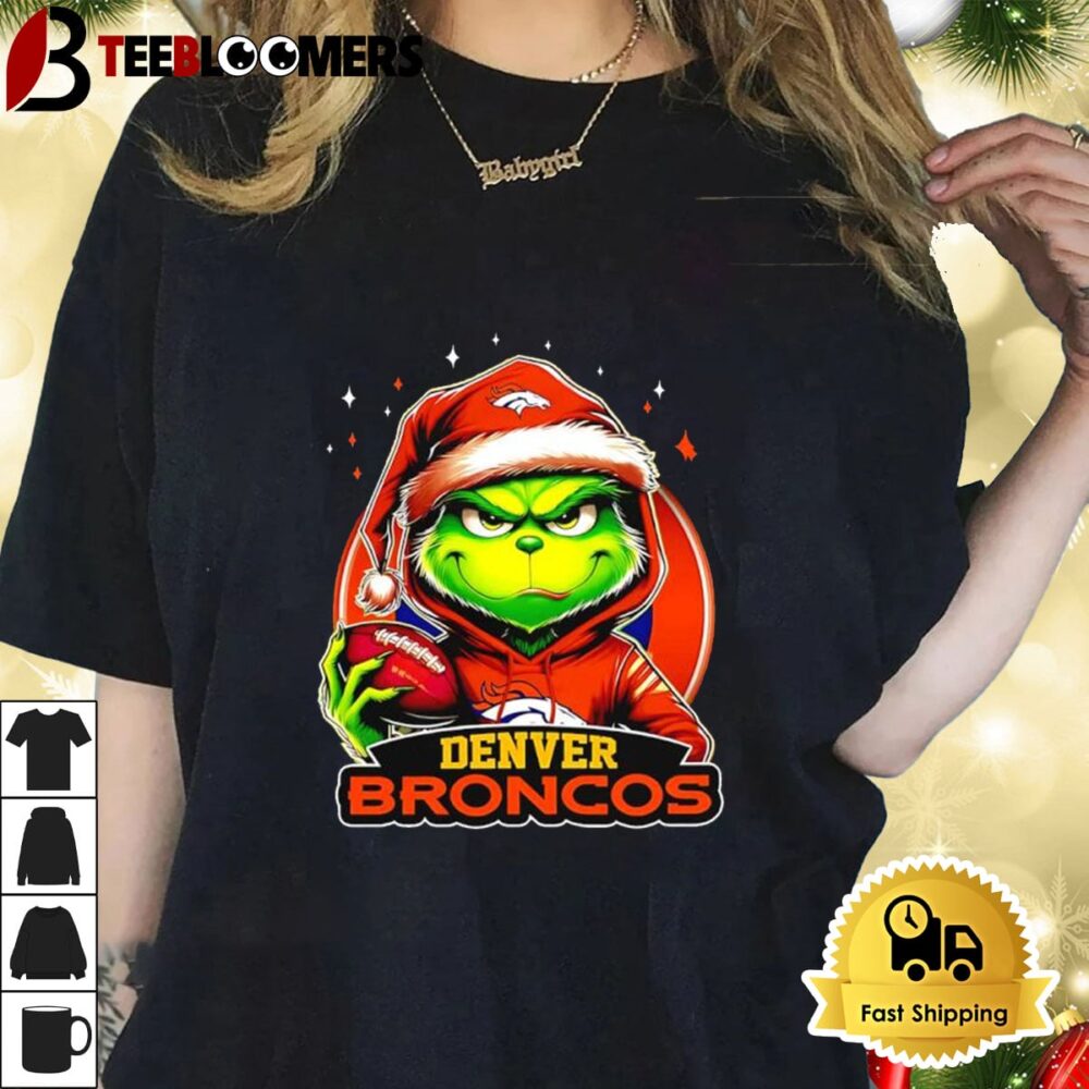 Denver Broncos Grinch Wearing Santa Hat Christmas 2024 Shirt 1