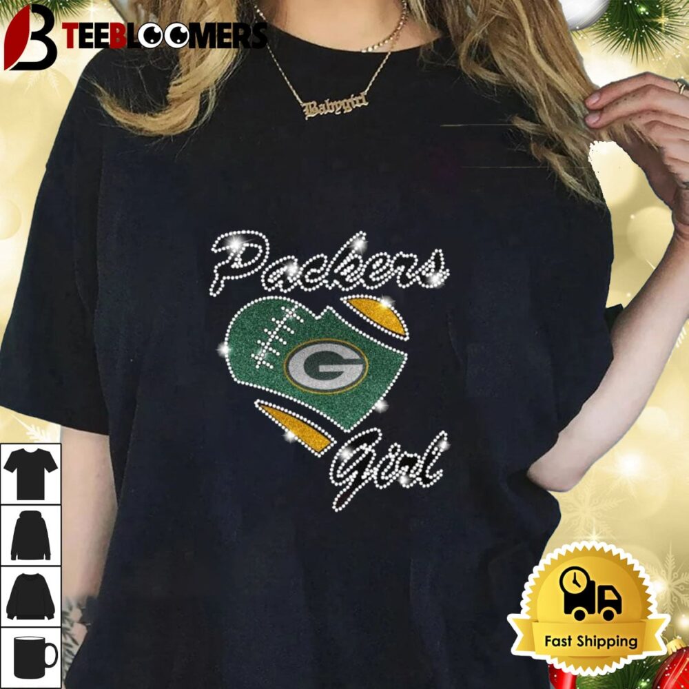 Green Bay Packers Girl Heart Bling Shirt 1