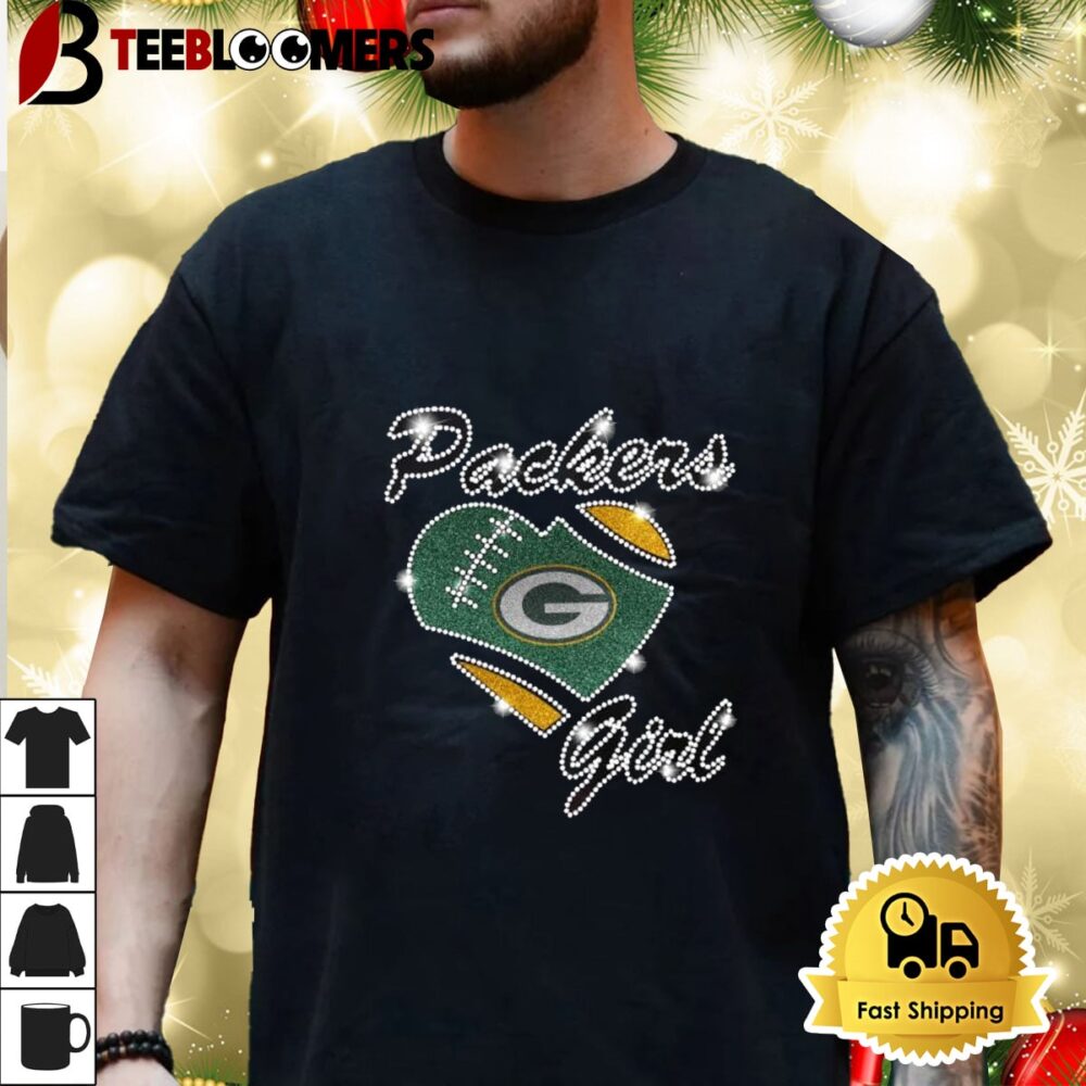 Green Bay Packers Girl Heart Bling Shirt 3