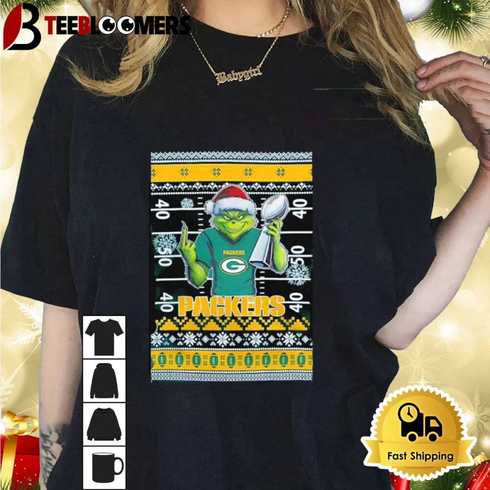 Green Bay Packers X Grinch Christmas With Super Bowl Trophy Ugly Christmas Shirt 1