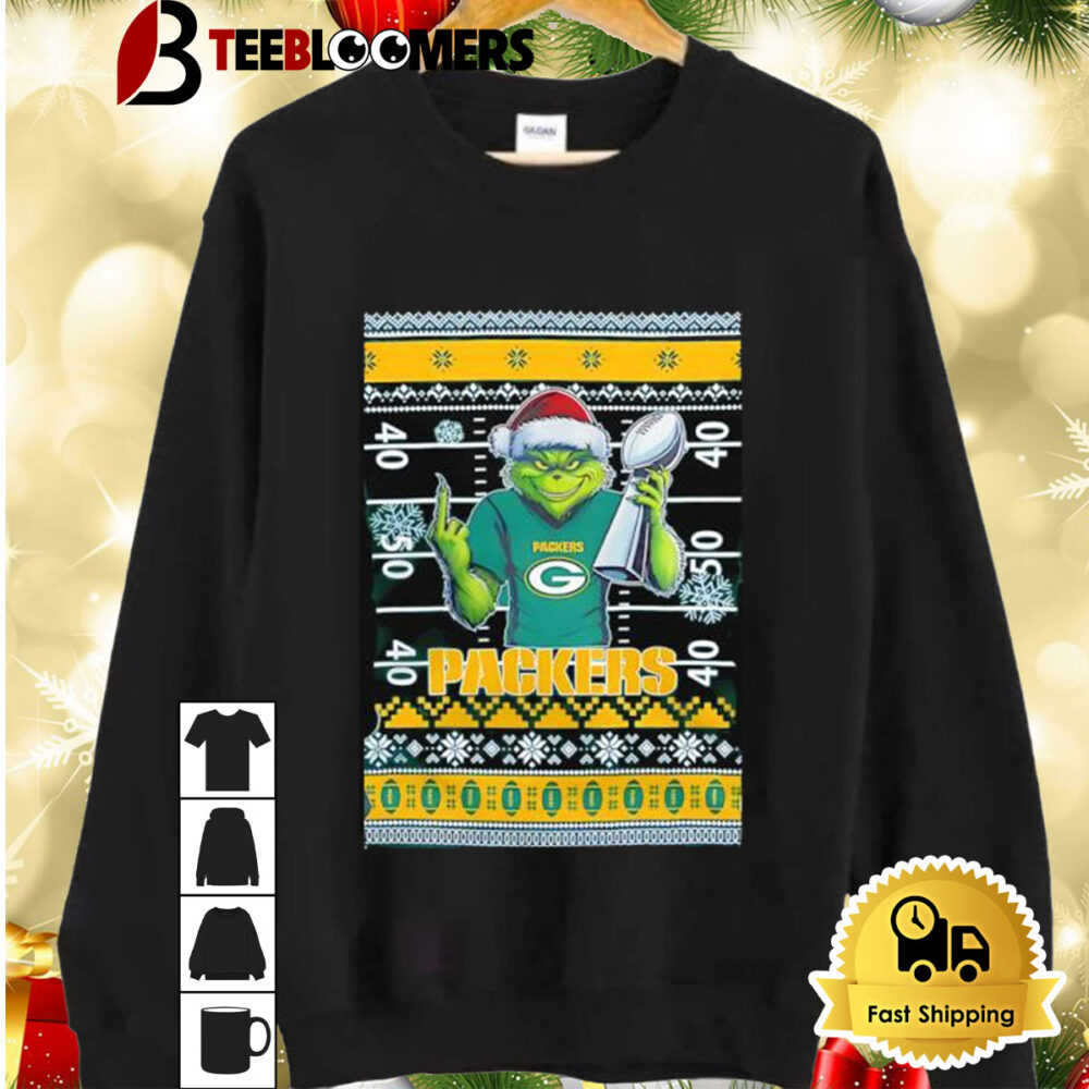 Green Bay Packers X Grinch Christmas With Super Bowl Trophy Ugly Christmas Shirt 2