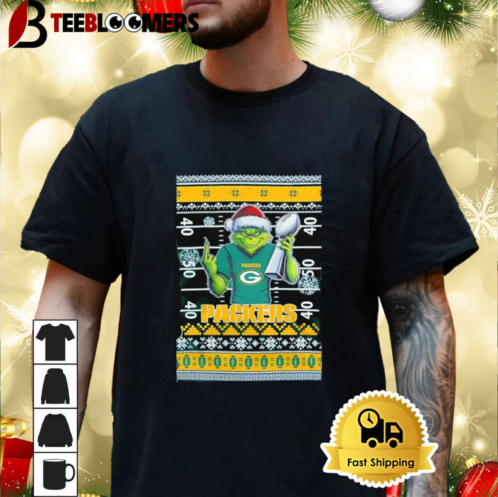 Green Bay Packers X Grinch Christmas With Super Bowl Trophy Ugly Christmas Shirt 3