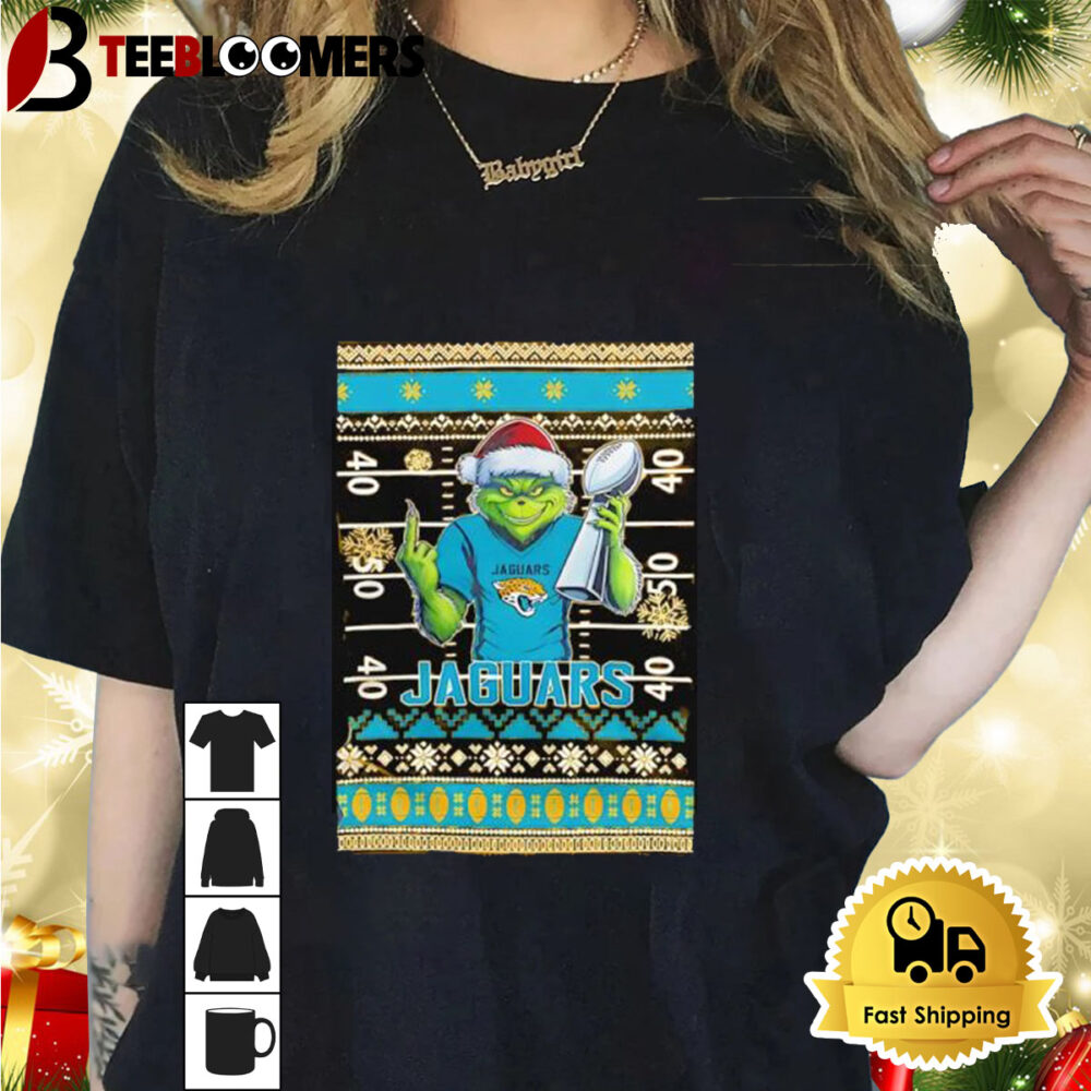 Jacksonville Jaguars X Grinch Christmas With Super Bowl Trophy Ugly Christmas Shirt 1