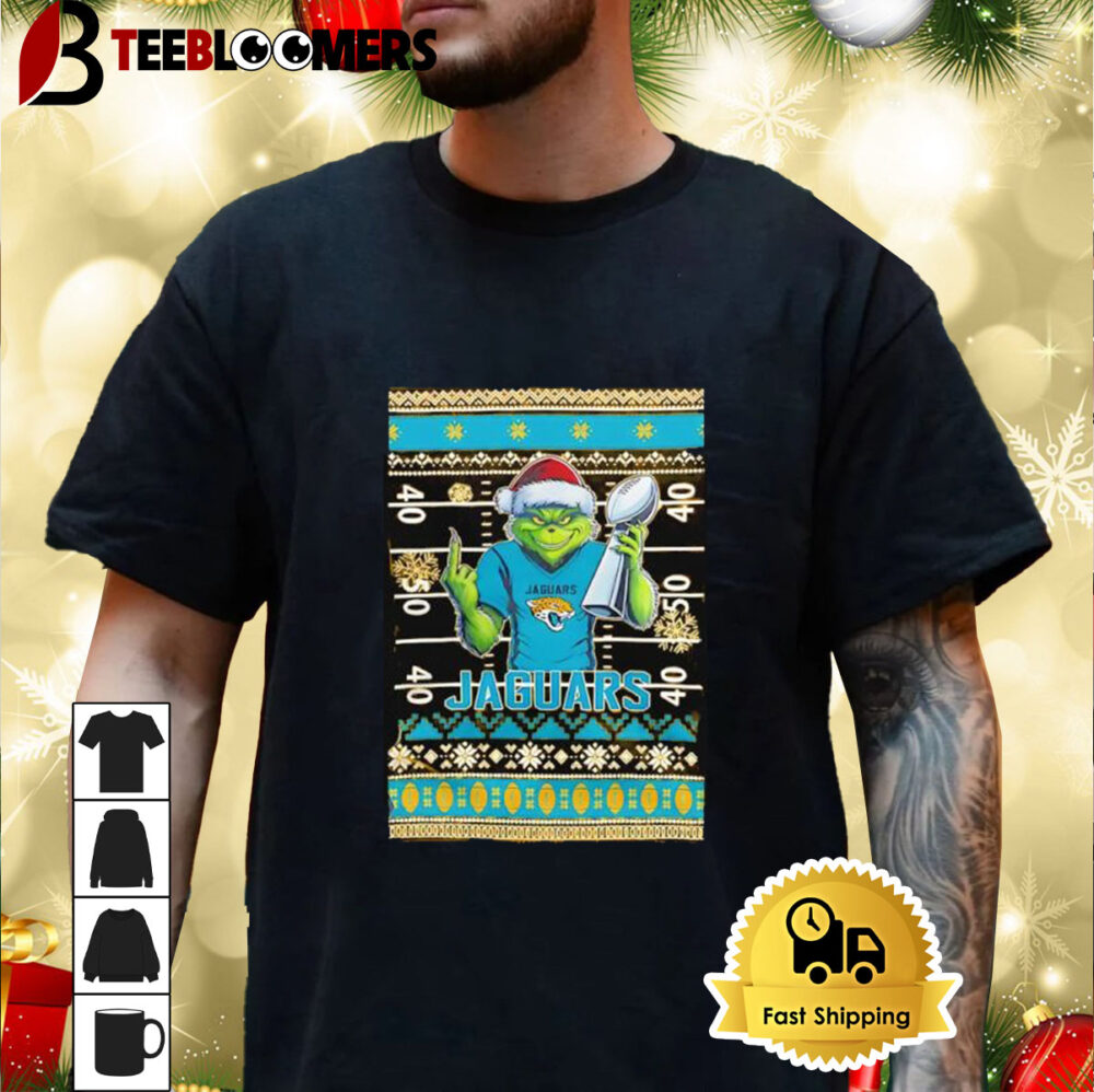 Jacksonville Jaguars X Grinch Christmas With Super Bowl Trophy Ugly Christmas Shirt 3