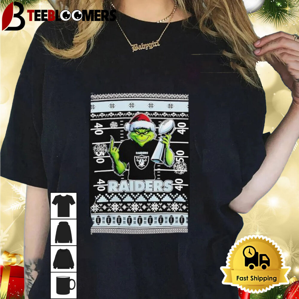 Las Vegas Raiders X Grinch Christmas With Super Bowl Trophy Ugly Christmas Shirt 1