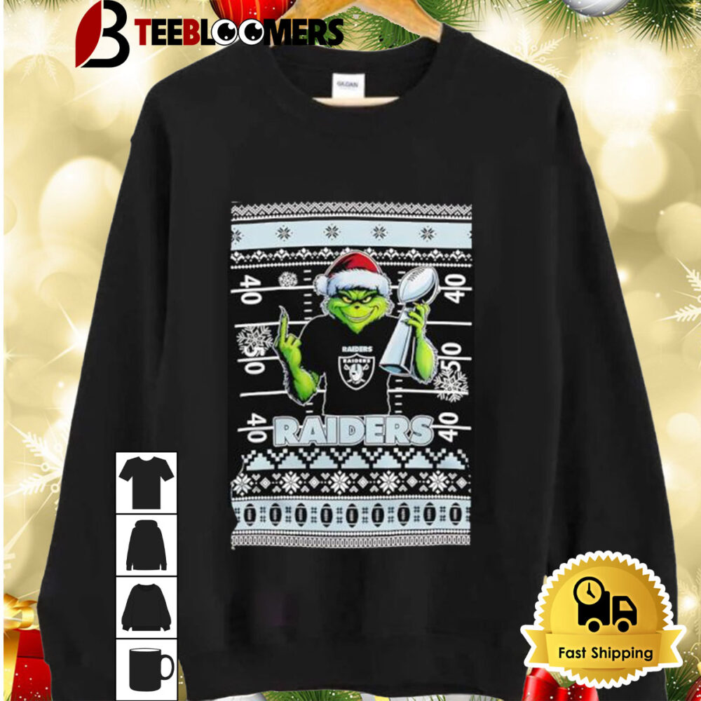 Las Vegas Raiders X Grinch Christmas With Super Bowl Trophy Ugly Christmas Shirt 2