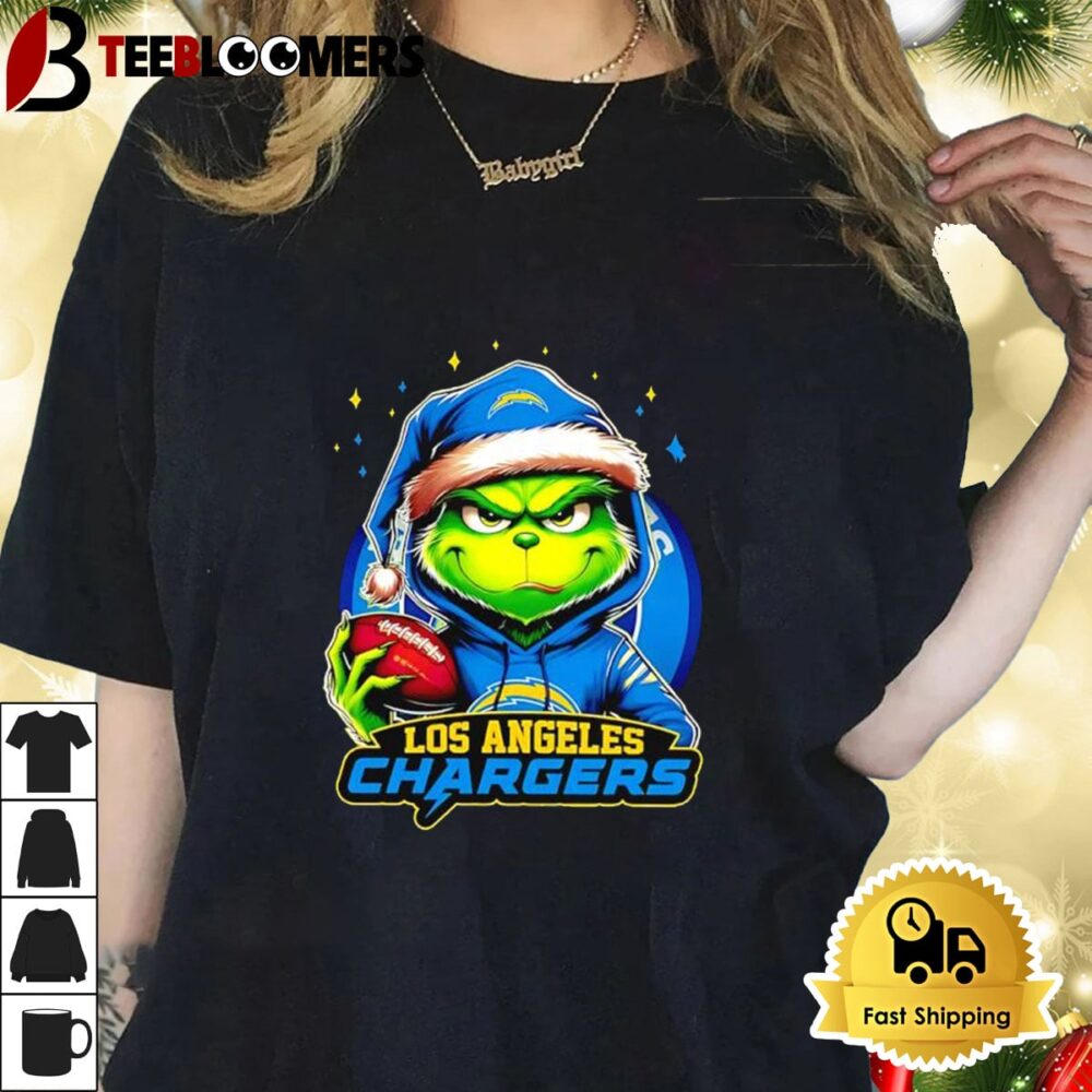 Los Angeles Chargers Grinch Wearing Santa Hat Christmas 2024 Shirt 1