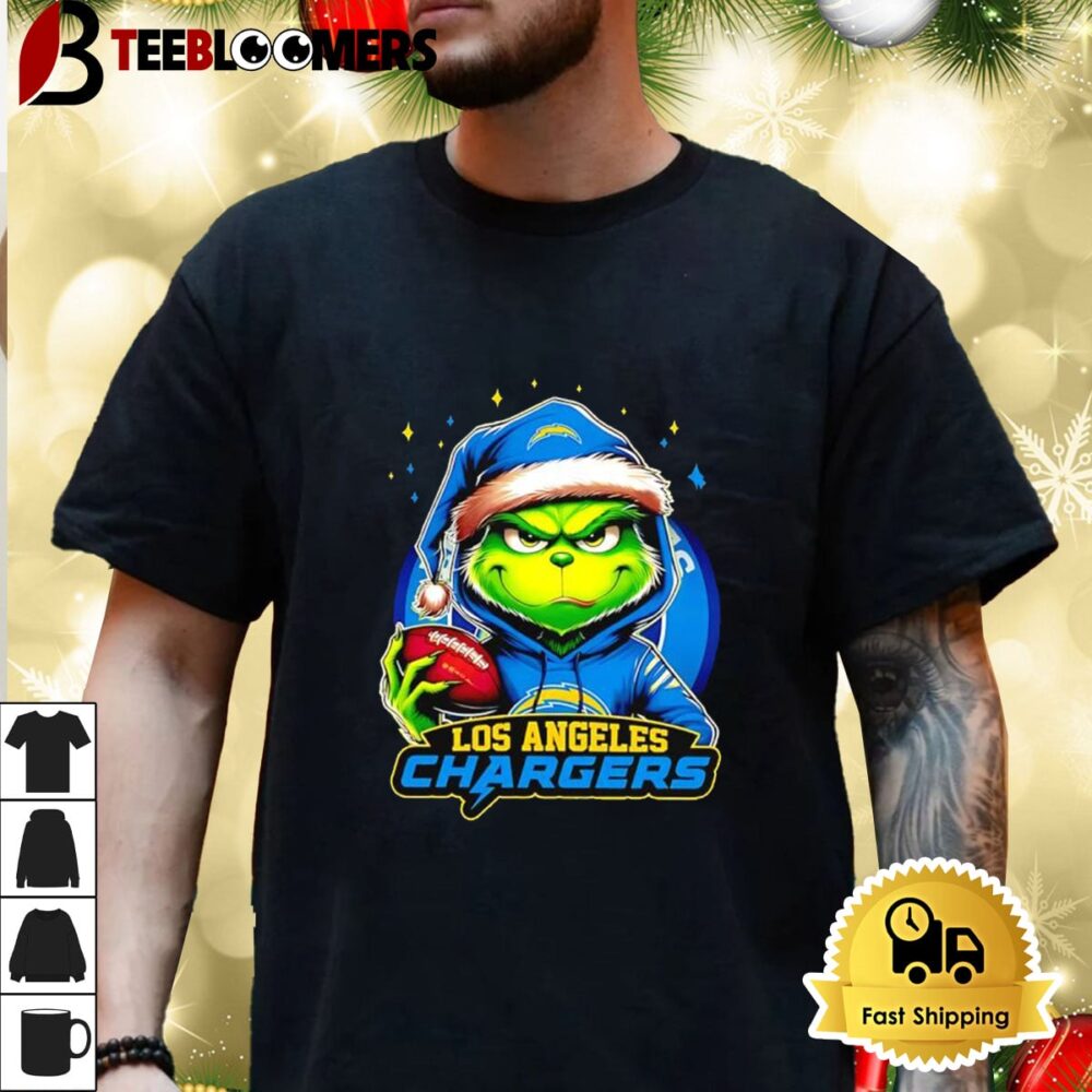 Los Angeles Chargers Grinch Wearing Santa Hat Christmas 2024 Shirt 3