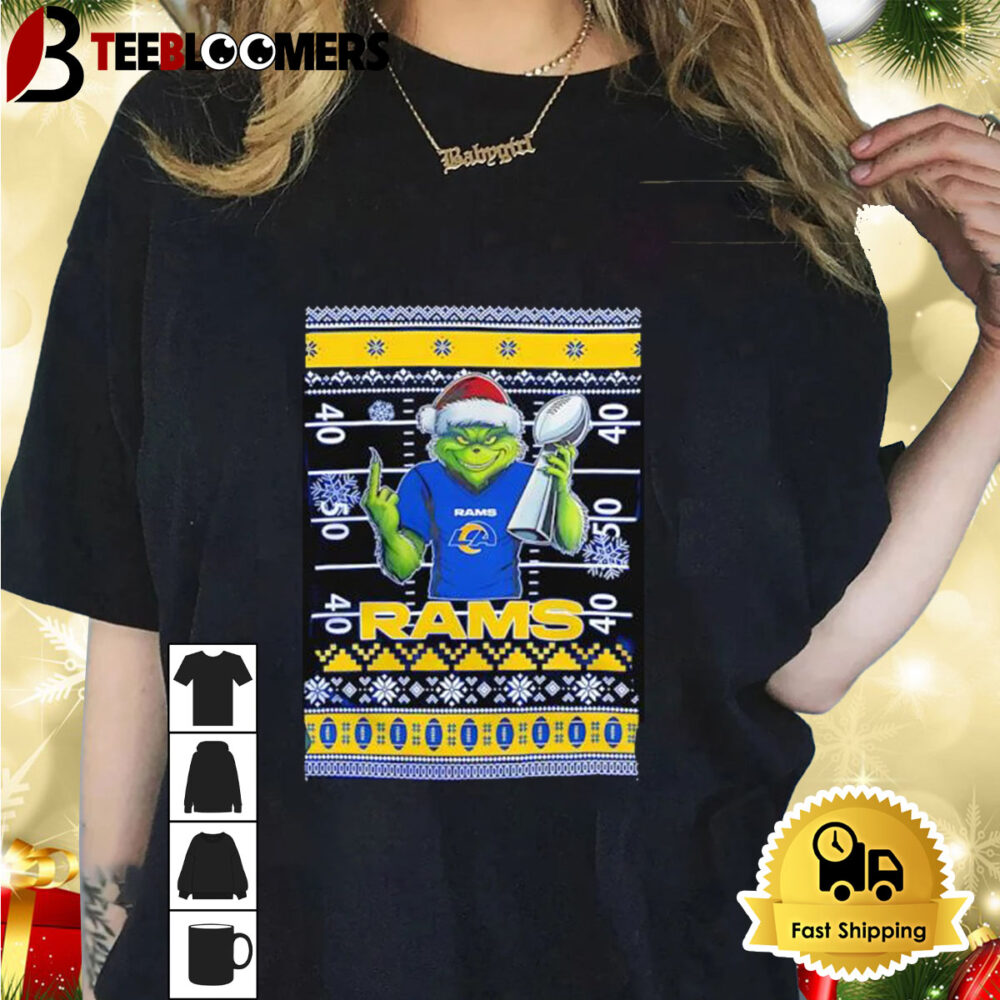 Los Angeles Rams X Grinch Christmas With Super Bowl Trophy Ugly Christmas Shirt 1