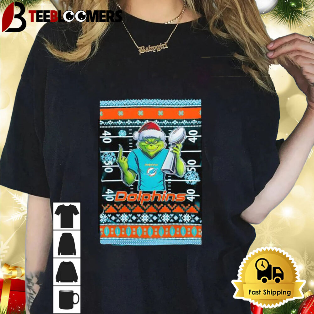 Miami Dolphins X Grinch Christmas With Super Bowl Trophy Ugly Christmas Shirt 1