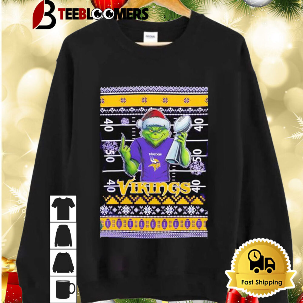 Minnesota Vikings X Grinch Christmas With Super Bowl Trophy Ugly Christmas Shirt 2