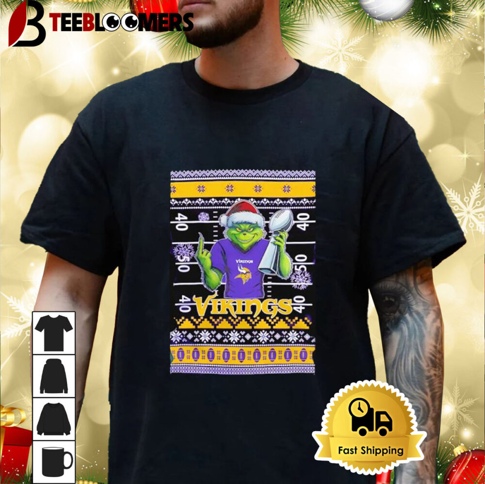 Minnesota Vikings X Grinch Christmas With Super Bowl Trophy Ugly Christmas Shirt 3