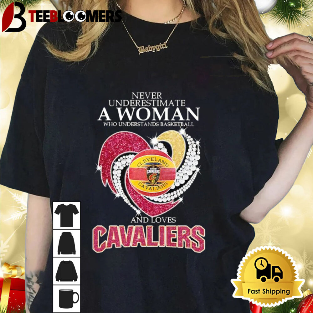 Never Underestimate A Woman Who Understands Basketball And Loves Cleveland Cavaliers Rhinestone Heart Shirt 1