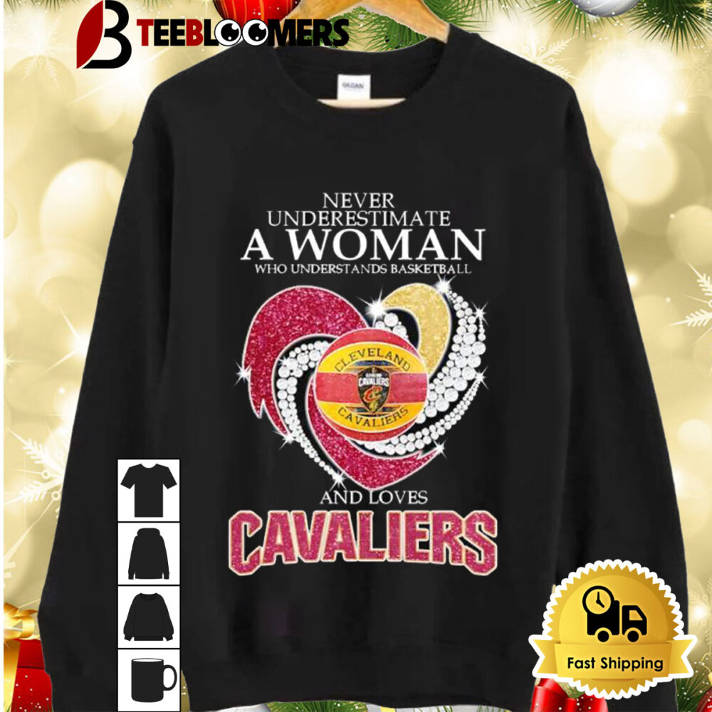 Never Underestimate A Woman Who Understands Basketball And Loves Cleveland Cavaliers Rhinestone Heart Shirt 2