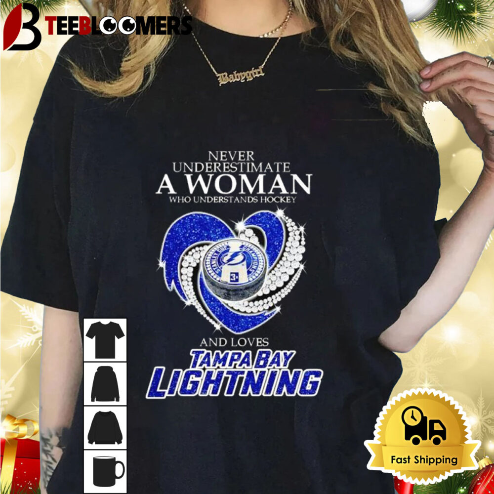 Never Underestimate A Woman Who Understands Hockey And Loves Tampa Bay Lightning Rhinestone Heart Shirt 1