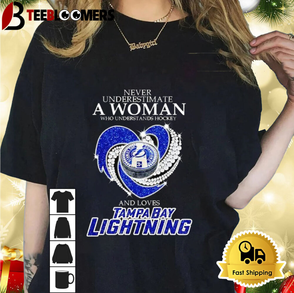 Never Underestimate A Woman Who Understands Hockey And Loves Tampa Bay Lightning Rhinestone Heart Shirt 1