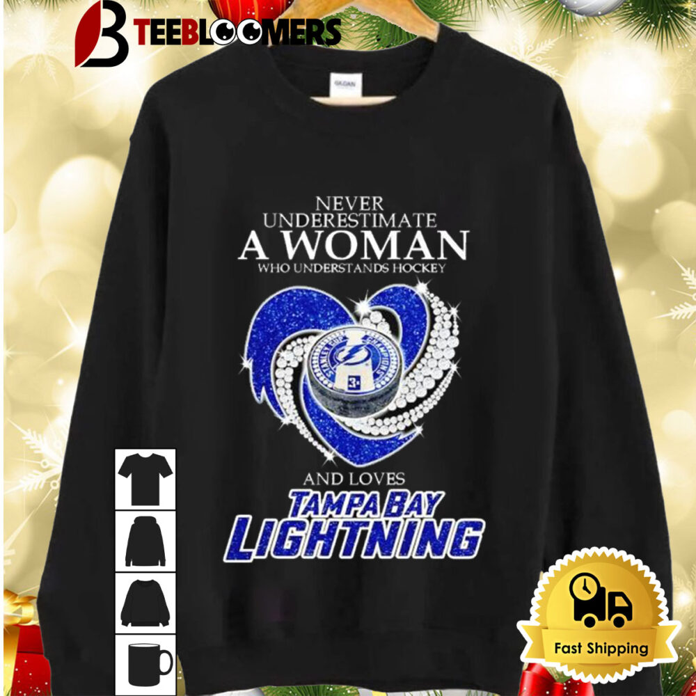 Never Underestimate A Woman Who Understands Hockey And Loves Tampa Bay Lightning Rhinestone Heart Shirt 2