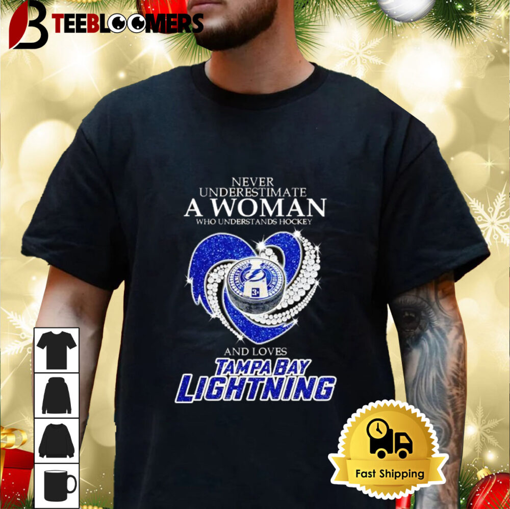 Never Underestimate A Woman Who Understands Hockey And Loves Tampa Bay Lightning Rhinestone Heart Shirt 3