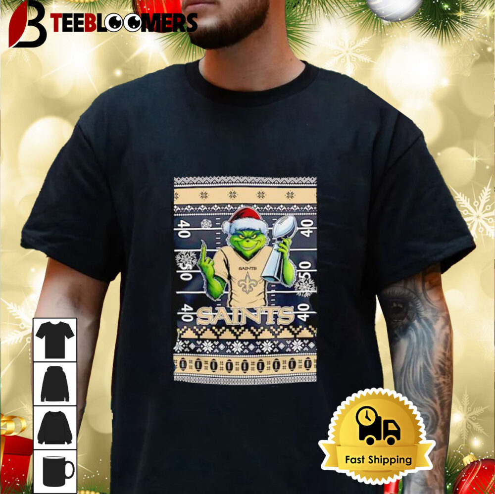 New Orleans Saints X Grinch Christmas With Super Bowl Trophy Ugly Christmas Shirt 3