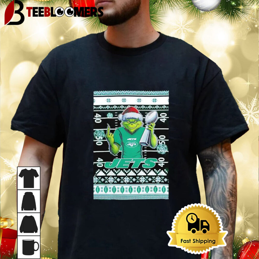 New York Jets X Grinch Christmas With Super Bowl Trophy Ugly Christmas Shirt 3