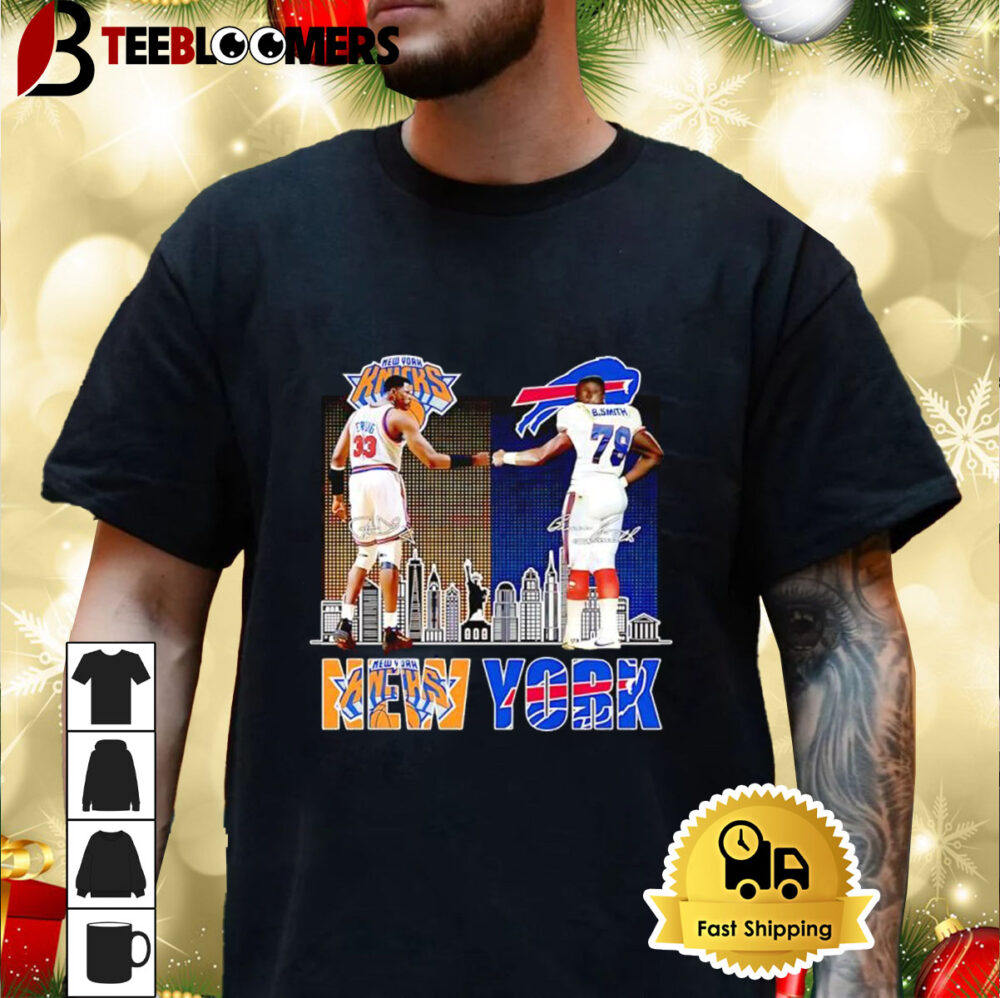 New York Knicks Patrick Ewing And Buffalo Bills Famer Bruce Smith Skyline Signatures Shirt 3