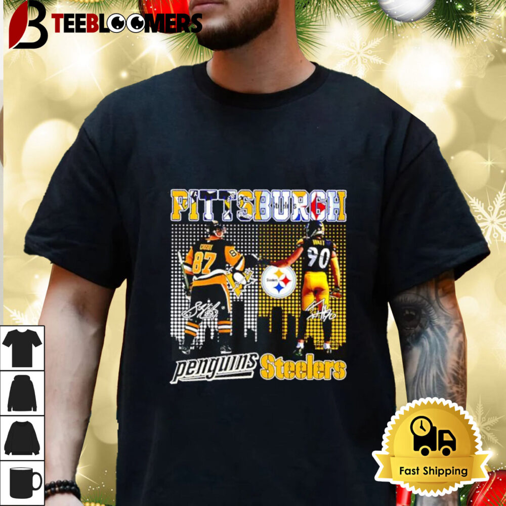 Pittsburgh Penguins Sidney Crosby And Steelers T J Watt City Skyline Shirt 3