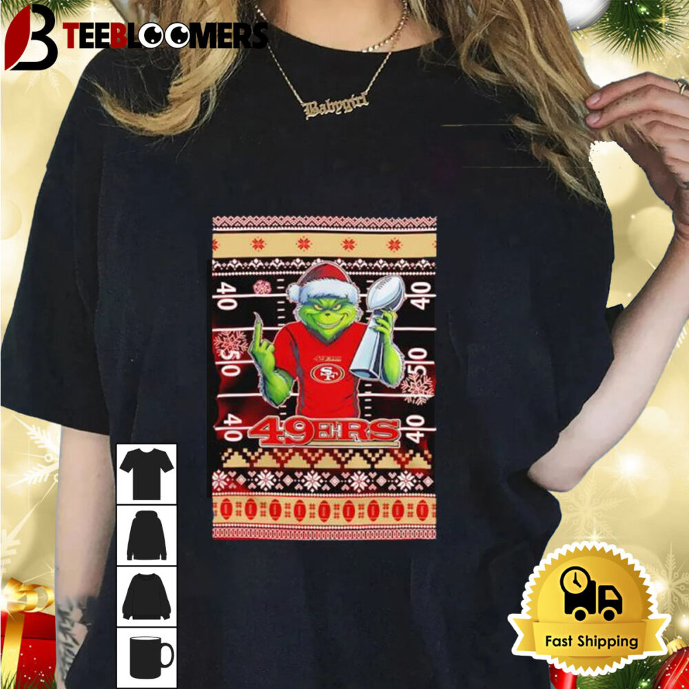 San Francisco 49ers X Grinch Christmas With Super Bowl Trophy Ugly Christmas Shirt 1