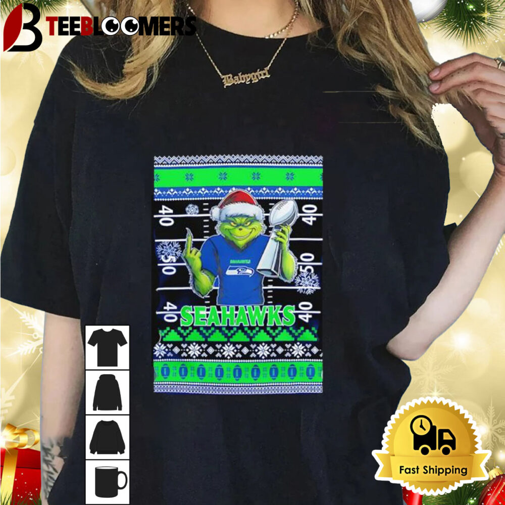 Seattle Seahawks X Grinch Christmas With Super Bowl Trophy Ugly Christmas Shirt 1