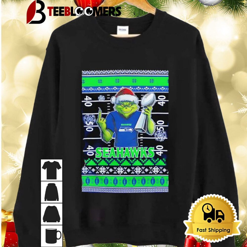 Seattle Seahawks X Grinch Christmas With Super Bowl Trophy Ugly Christmas Shirt 2