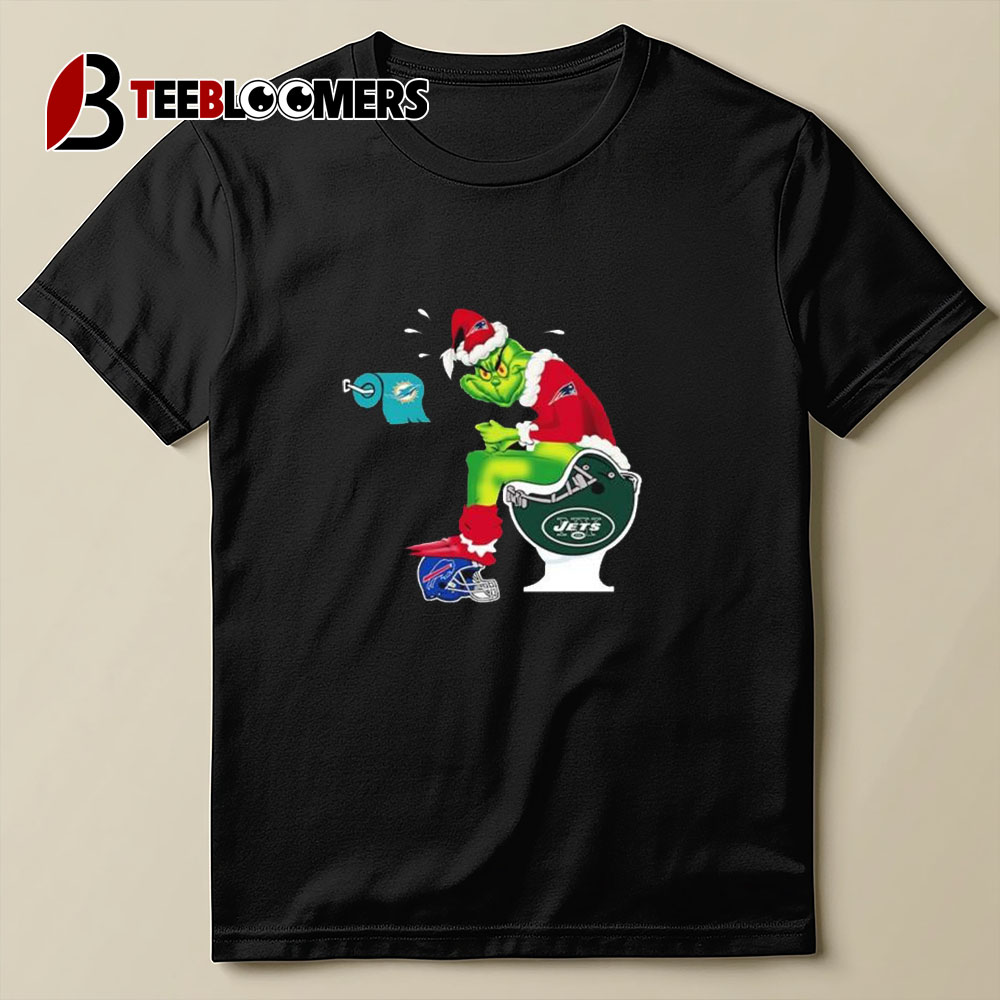 The Grinch Sitting On A Toilet Wearing A New England Patriot Toilet Miami Dolphins New York Jets Christmas T shirt