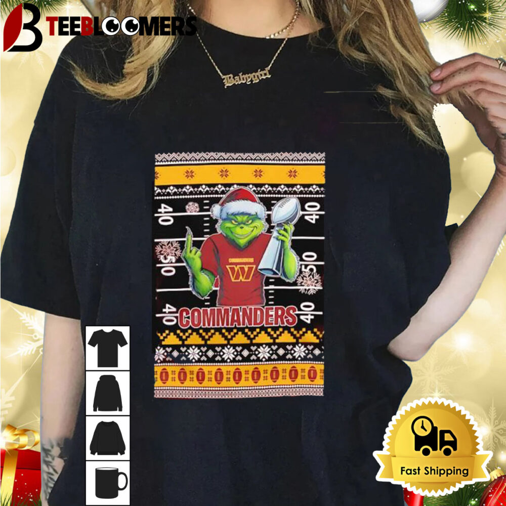 Washington Commanders X Grinch Christmas With Super Bowl Trophy Ugly Christmas Shirt 1