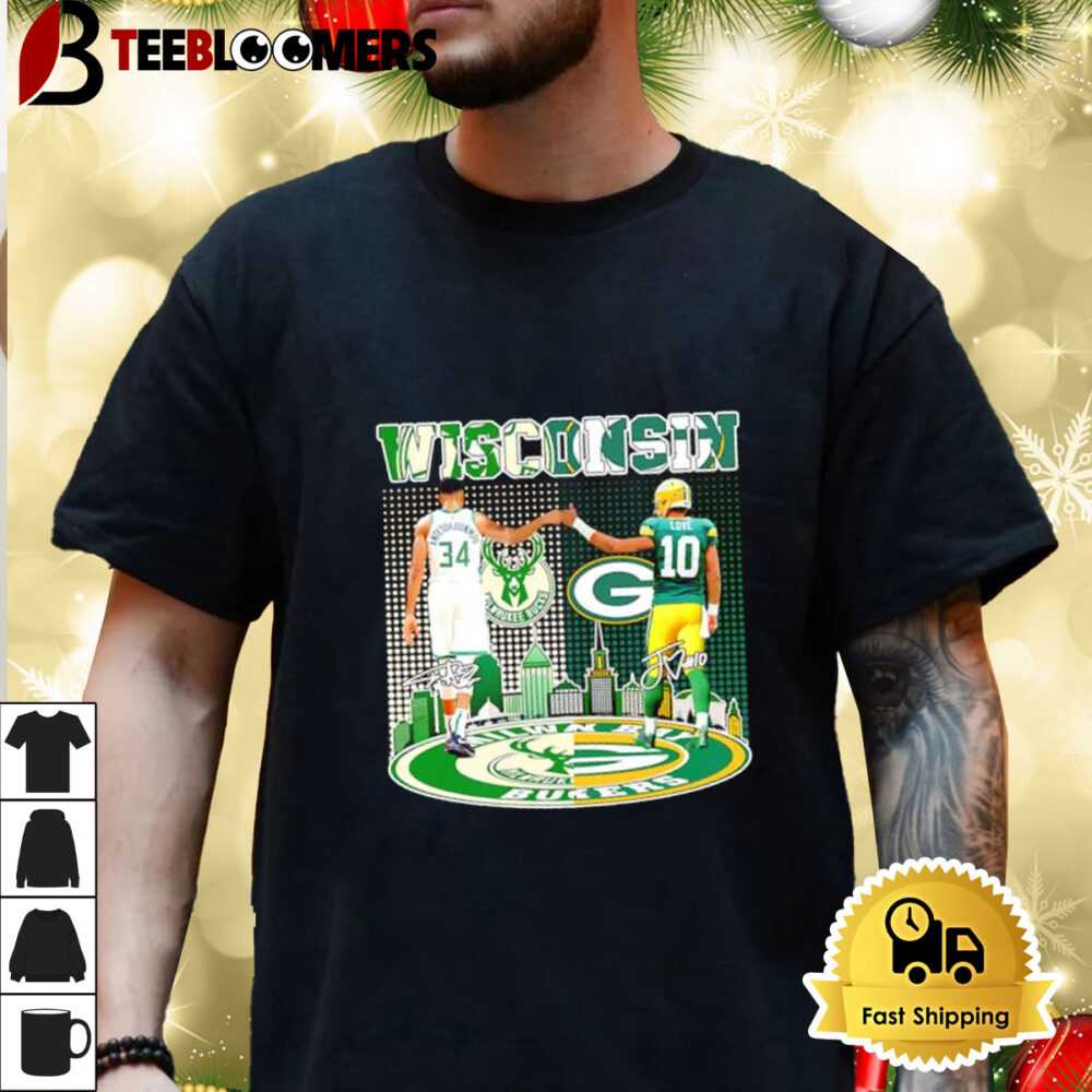 Wisconsin Milwaukee Bucks Antetokounmpo Dunmpo And Green Bay Packers Love City Skyline Shirt 3